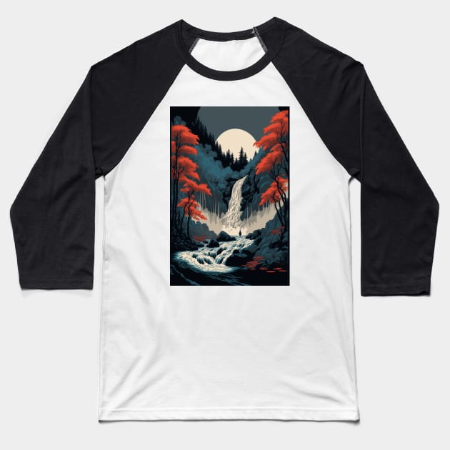 Japanese Nature Waterfall Ukiyo-e Style Baseball T-Shirt by styleandlife